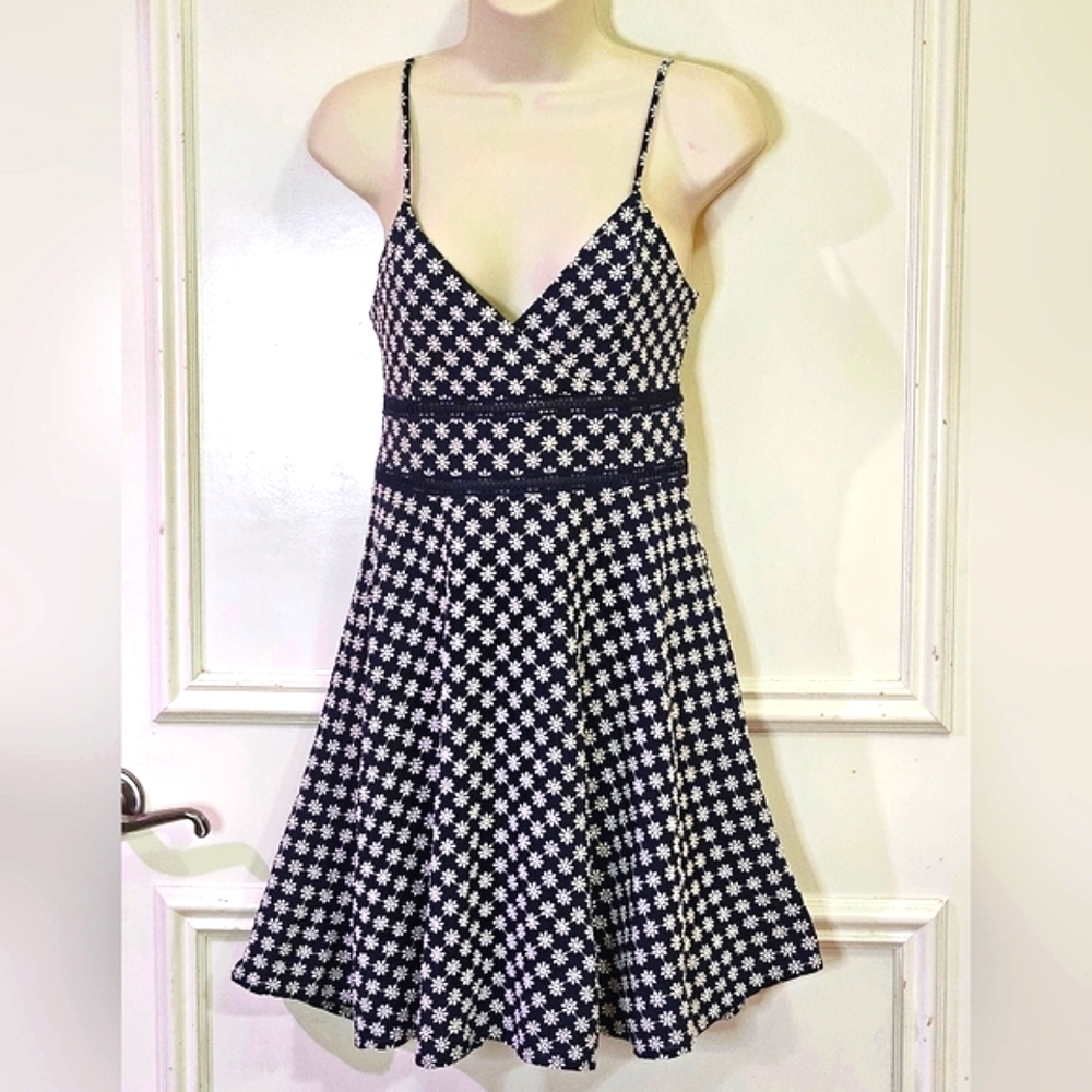TRIXXI Navy Blue & White  Floral Eyelet Skater Mini Dress, Large